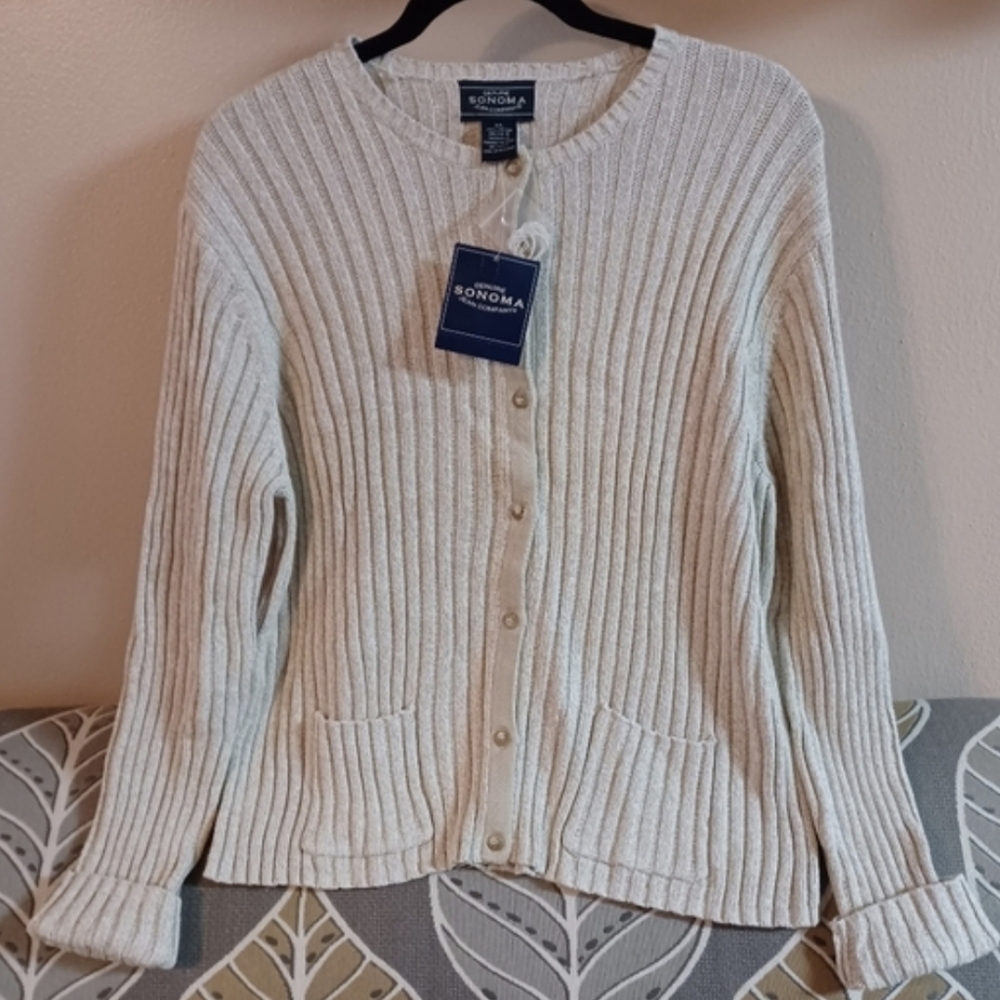 New Genuine Sonoma Womens XL 100% Cotton Cream Light Beige Button Up Sweater NWT